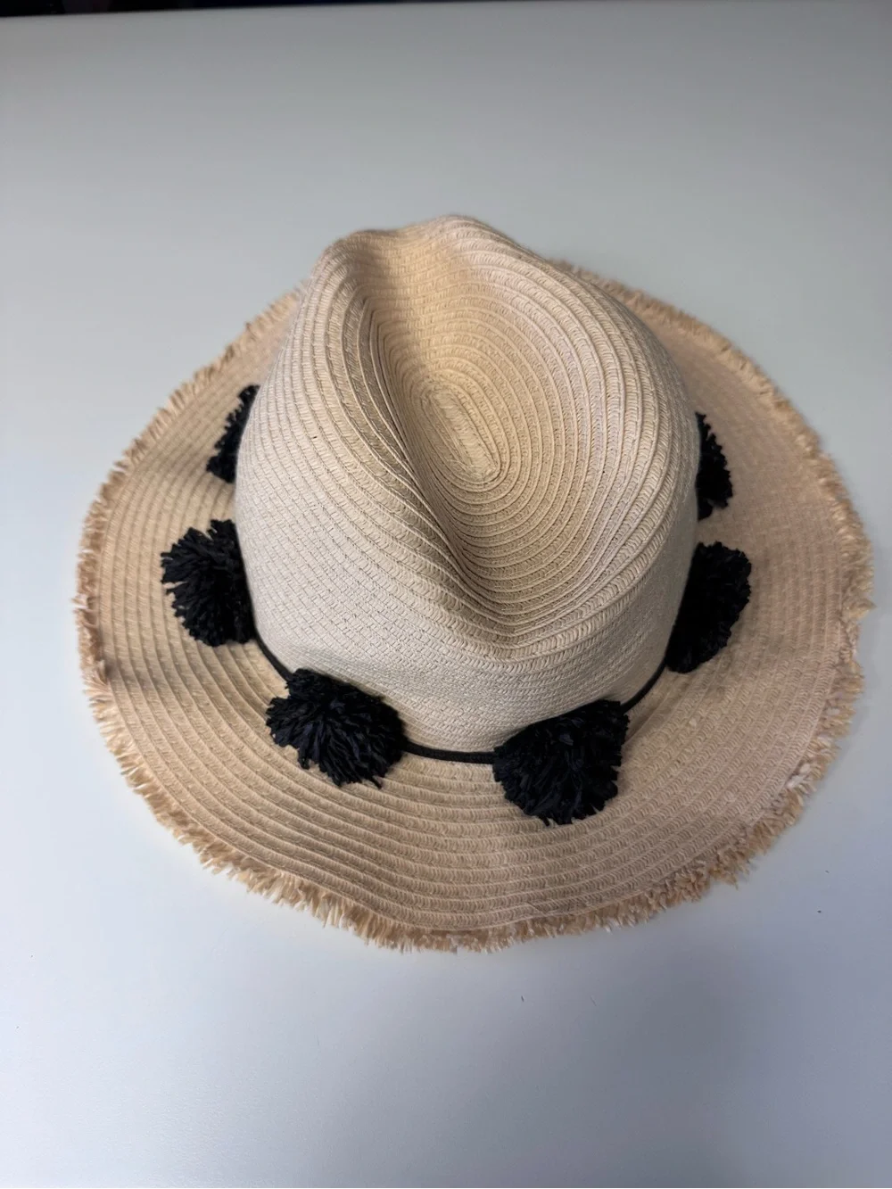 Ava & Aiden Beige Straw Sun Hat with Black Pom Accents
